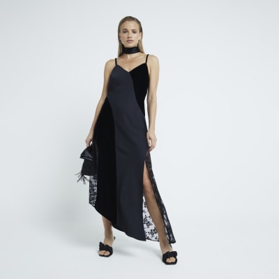 Black Satin Velvet And Lace Slip Dress River Island