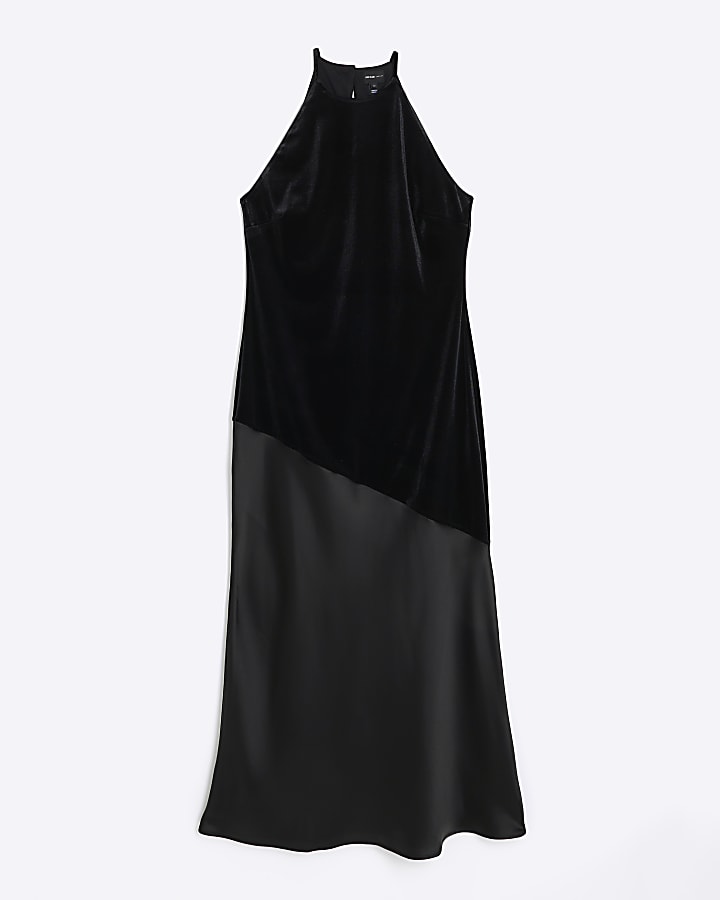 Black satin velvet slip midi dress