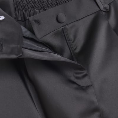 Black satin wide leg cargo trousers