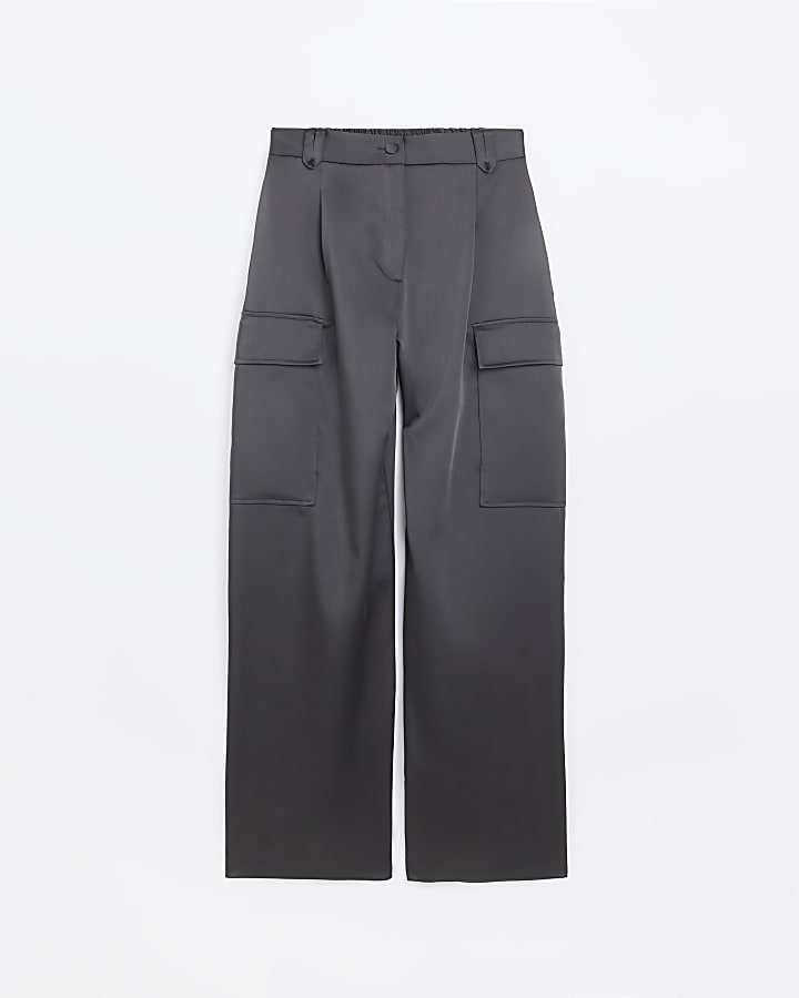 Black satin wide leg cargo trousers