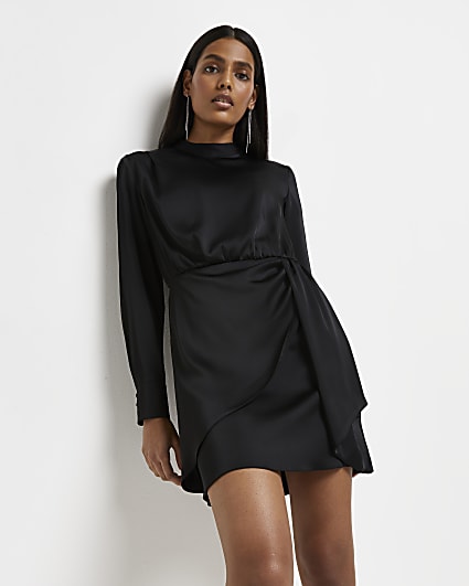Black satin wrap front mini dress