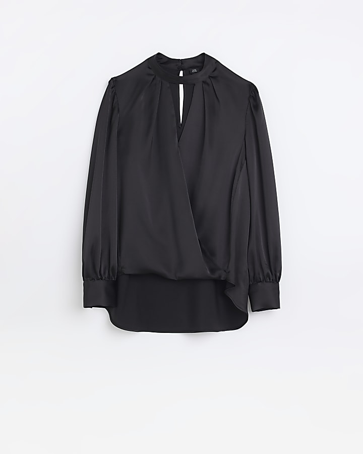 Black satin wrap long sleeve blouse