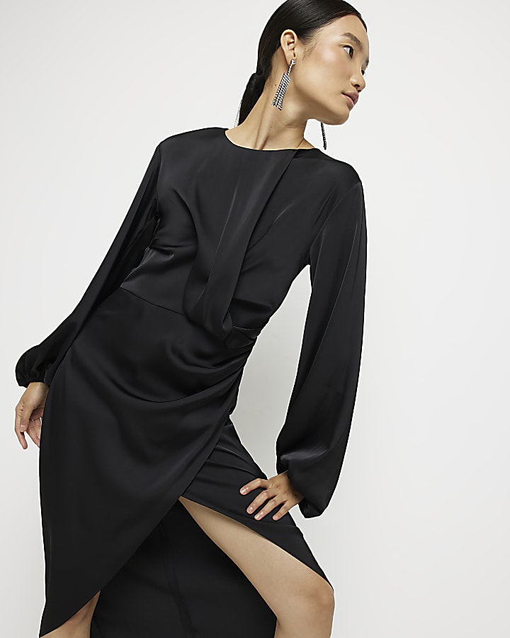 Black satin wrap midi dress