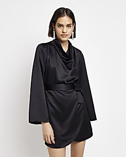 Black satin wrap mini dress