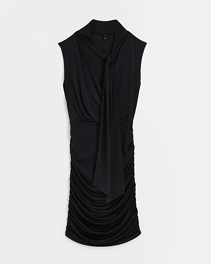 Black satin wrap mini dress