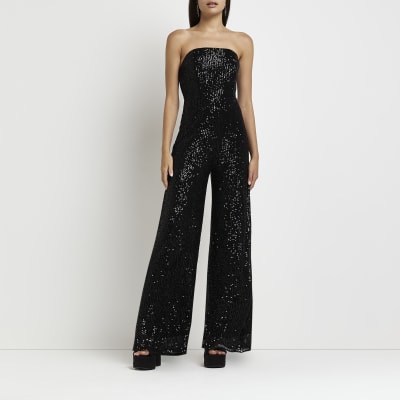 Black sequin bandeau jumpsuit | River Island