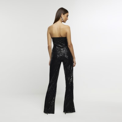 Black Sequin Bandeau Jumpsuit River Island 4819