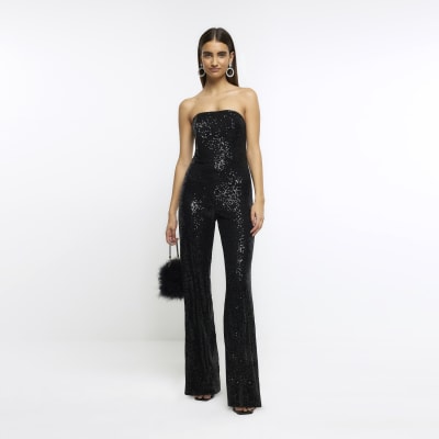 Black Sequin Bandeau Jumpsuit River Island 4803