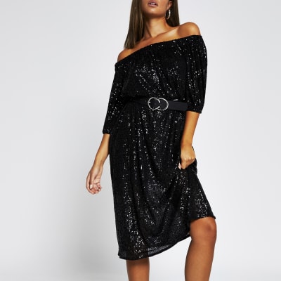 black sparkly bardot dress