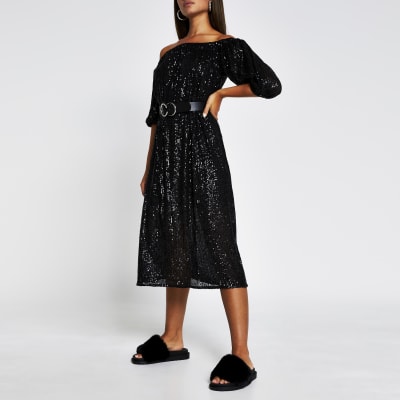 black sequin bardot dress