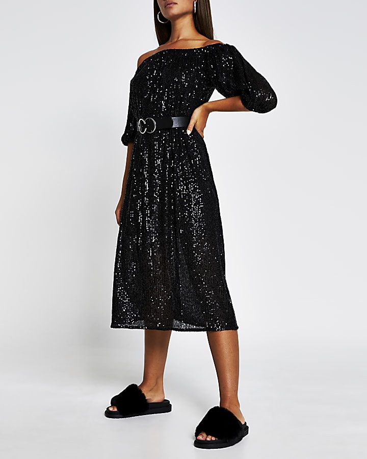 Black sequin bardot dress