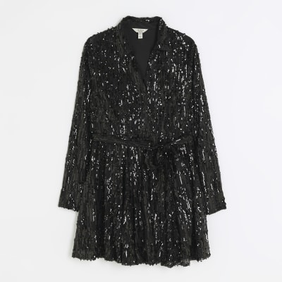 Black sequin belted mini shirt dress | River Island
