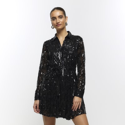 Ex River Island Sequin Diamond Mini Slip Dress In Black/White RRP £99