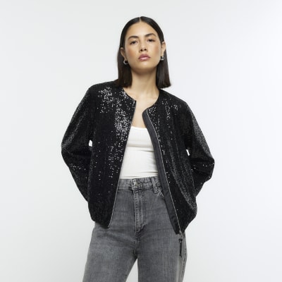 River Island Womens Silver Sequin Zip Up Bomber Jacket