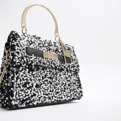 Black sequin chain strap tote bag River Island