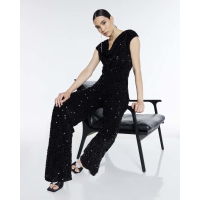 Black Sequin Cowl Neck Jumpsuit