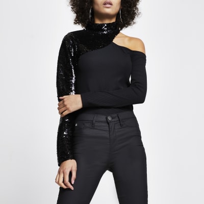 black sequin long sleeve top