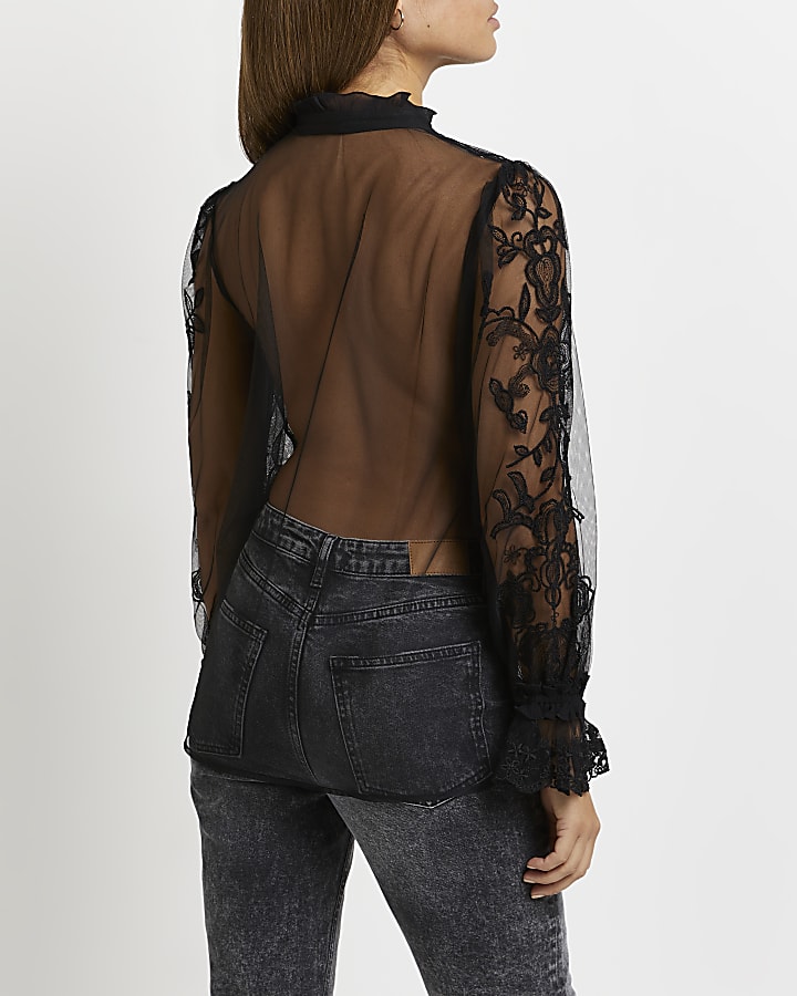 Black sequin embellished lace shirt