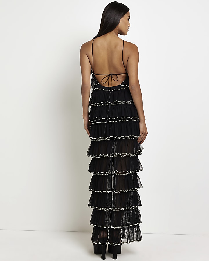Black sequin embellished slip maxi dress
