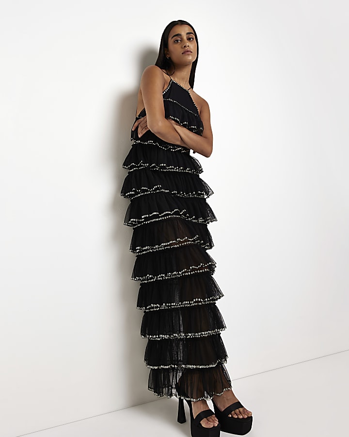 Black sequin embellished slip maxi dress