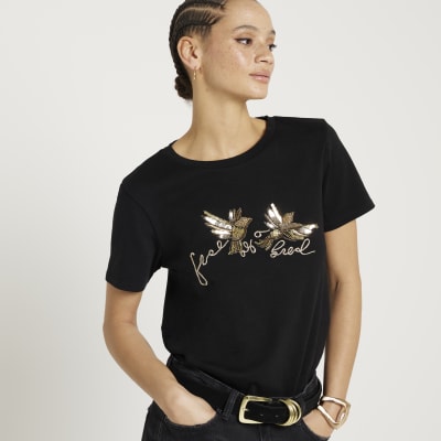 River Island Womens Black Sequin Embroidered T-Shirt