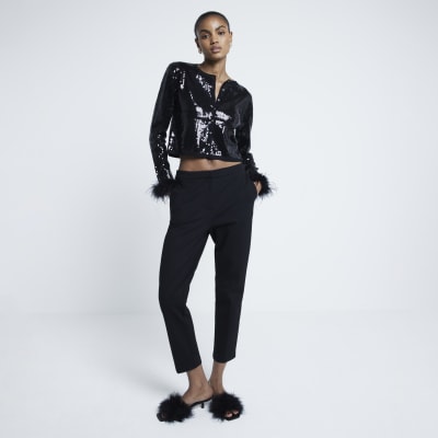 Black Sequin Feather Cuff Cardigan River Island
