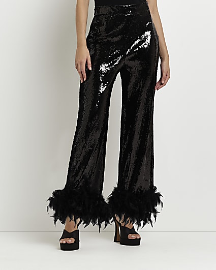 Black sequin feather hem straight trousers