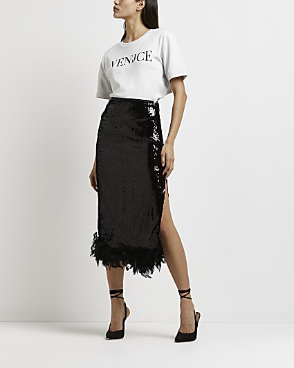 Black sequin feather trim pencil skirt