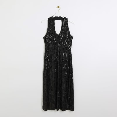 Black Sequin Halter Neck Slip Midi Dress River Island