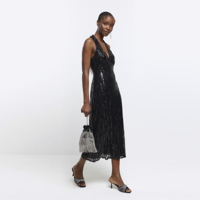 River Island Womens Black Sequin Halter Neck Slip Midi Dress