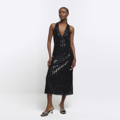 Black sequin halter neck slip midi dress River Island