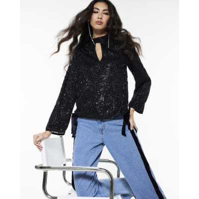 Black Sequin Keyhole Long Sleeve Top