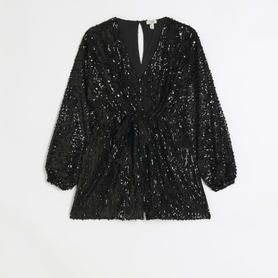 Black Sequin Cup Long Sleeve Skater Playsuit