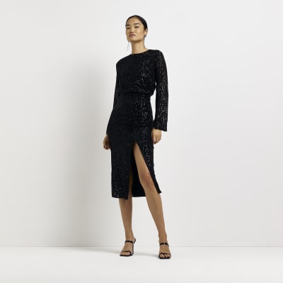 Black Sequin Long Sleeve Shift Midi Dress River Island 5971