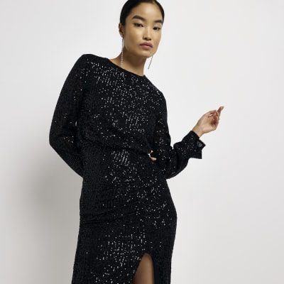 Black sequin long sleeve shift midi dress | River Island