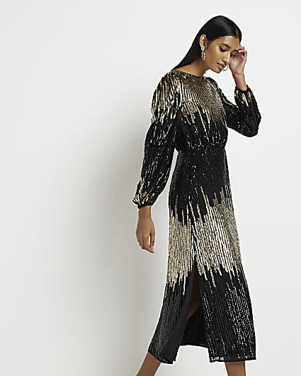 Black sequin long sleeve smock maxi dress