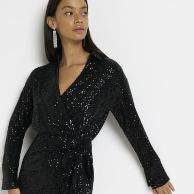 Black sequin long sleeve wrap mini dress | River Island