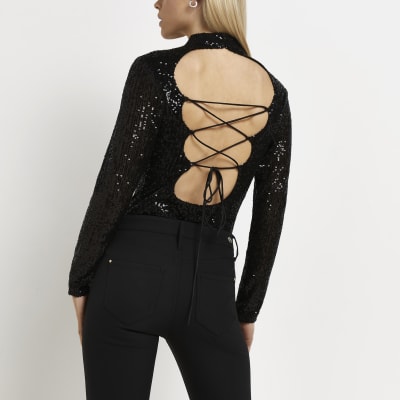 Black Sequin Long Sleeves Bodysuit River Island 9089