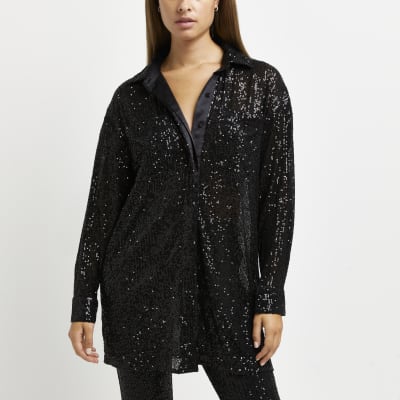 Black sequin oversized shirt | River Island