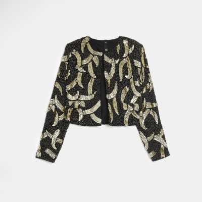 Black sequin printed crop jacket