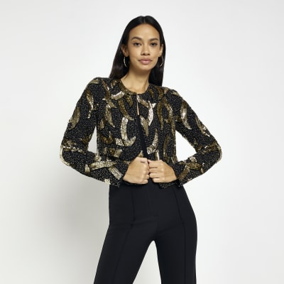 Black sequin printed crop jacket | River Island