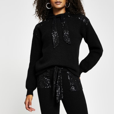 Black sequin ribbed hoodie | River Island