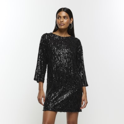 Black sequin shift mini dress | River Island