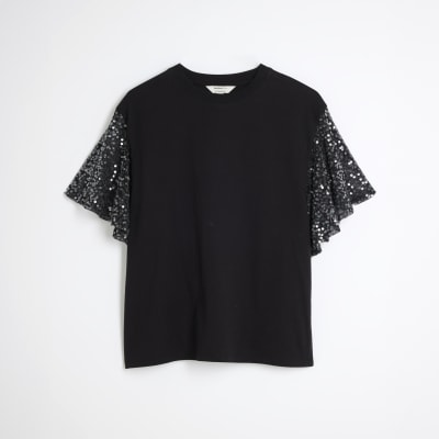 Black Sequin Short Sleeve Top River Island - Main Image