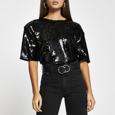 black sequin short sleeve top