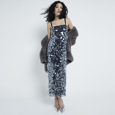 Black Sequin Slip Midi Dress | River Island