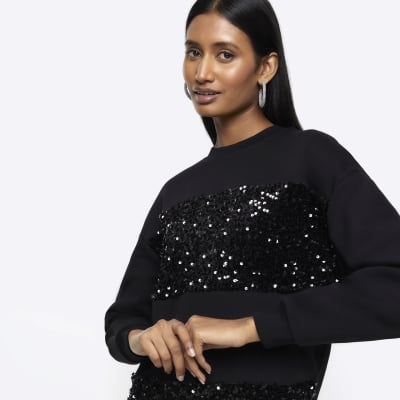 Black sequin sweatshirt mini dress River Island