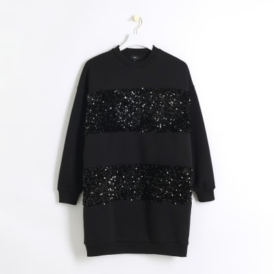 Black sequin sweatshirt mini dress River Island