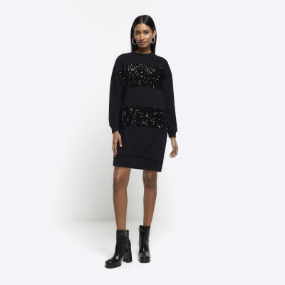 Black sequin sweatshirt mini dress River Island