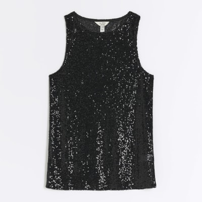 Black sequin tank top River Island